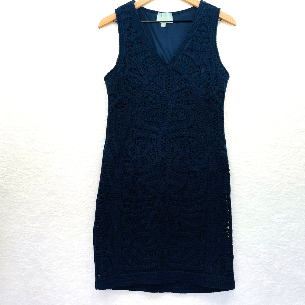 SKIES ARE BLUE Crochet Sheath Dress Small Medium Navy Blue Layered Sleeveless